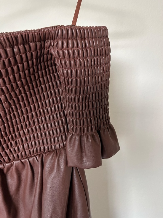 STAUD | Mae Off-The-Shoulder Vegan Leather Maxi Dress in Bark | Size XS - Picture 8 of 12